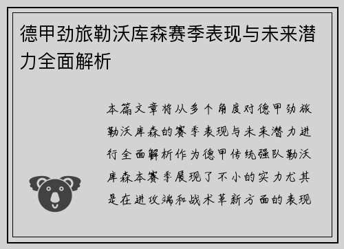 德甲劲旅勒沃库森赛季表现与未来潜力全面解析